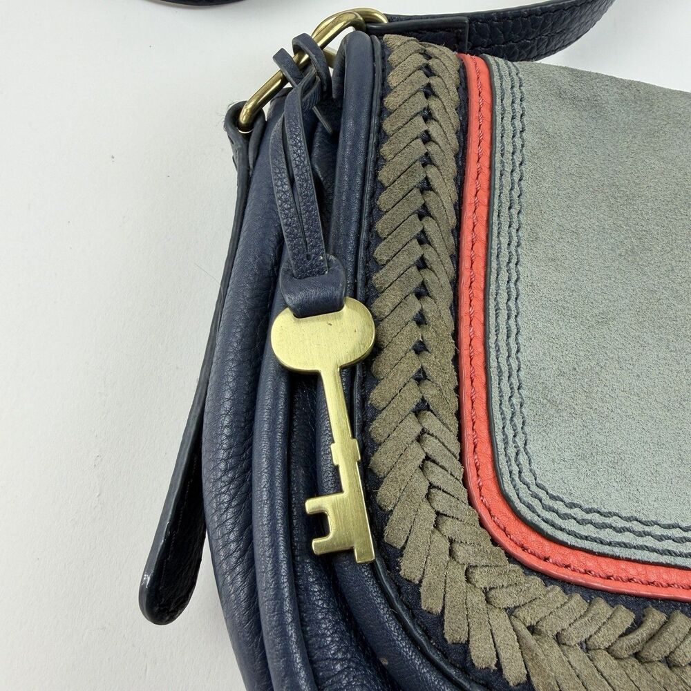 Fossil Rumi Small Crossbody Bag Suede Pebble Leather Mix Braid Trim Boho Flaw - Picture 2 of 13